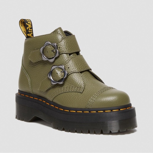 Dr. Marten’s Devon Flower Buckle Leather Platform Boots in Khaki Green - Picture 2 of 3